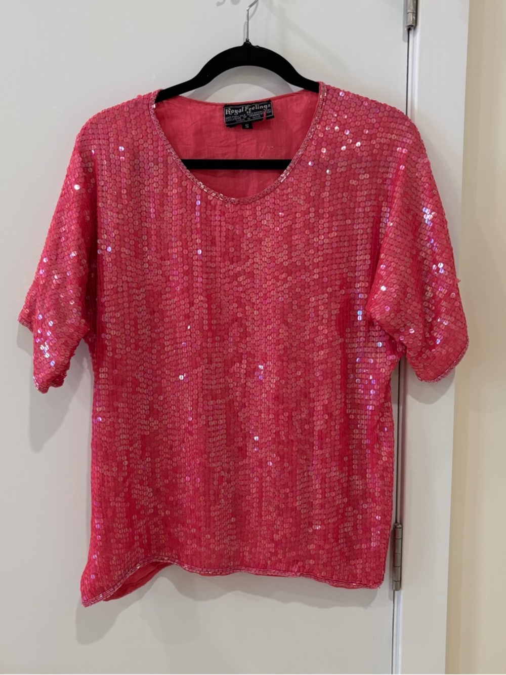 Vintage 90s Silk Sequin Top Pink Royal Feelings Party Glam Small
